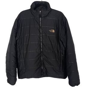 The North Face Mens Large L Black Tonal Striped Puffer Jacket Full Zip Pockets